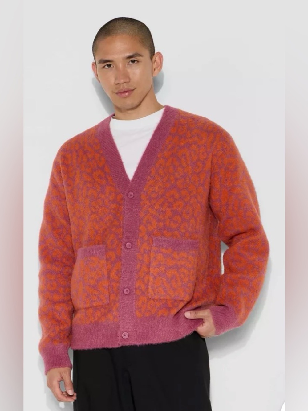 Original Use Orange and Pink Leopard-Pattern V-Neck Cardigan